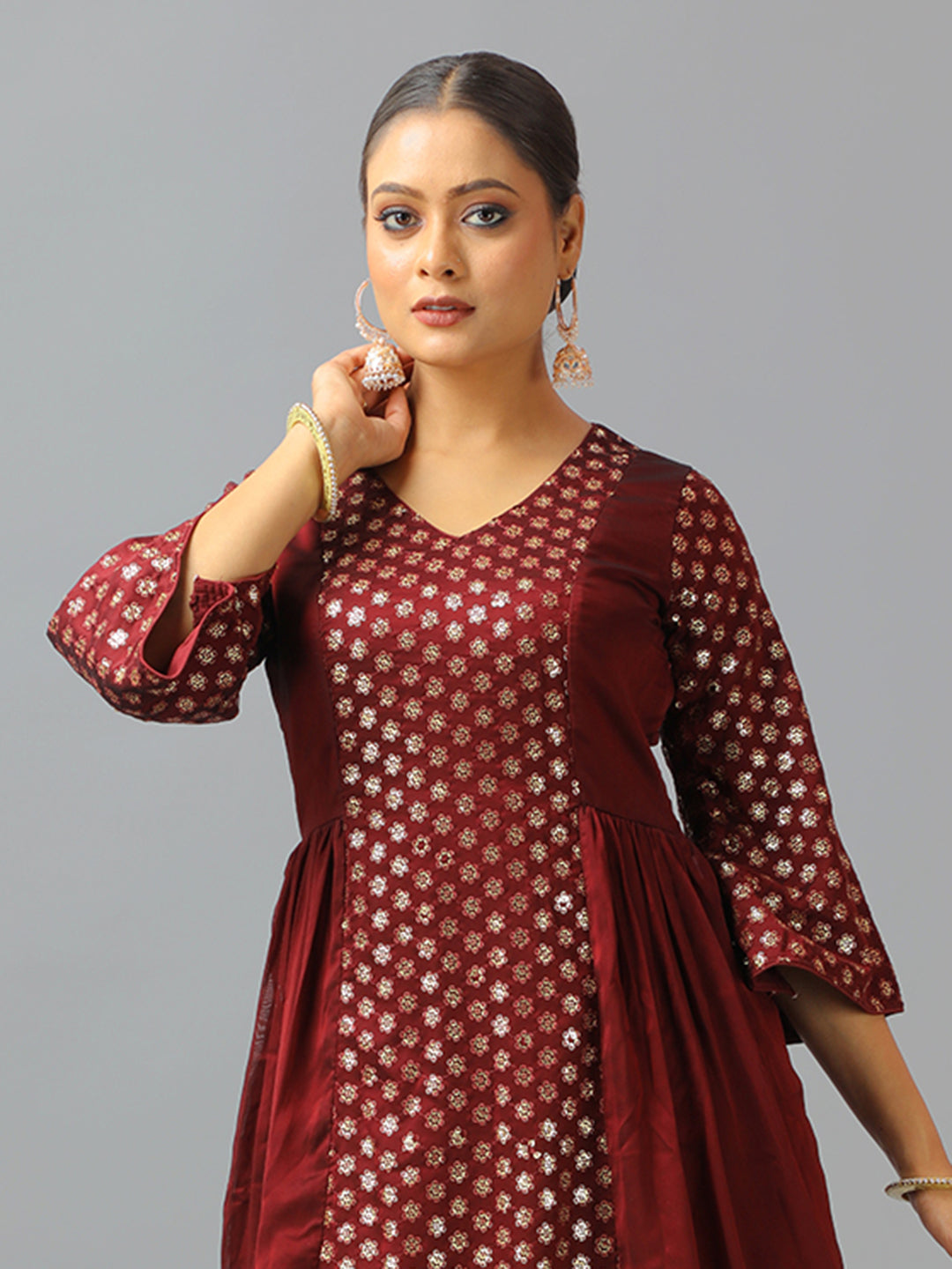 Bollywood Vogue Ready To Wear Dark Brown Silk Embroidered Straight Pant Suit - Additional View 1