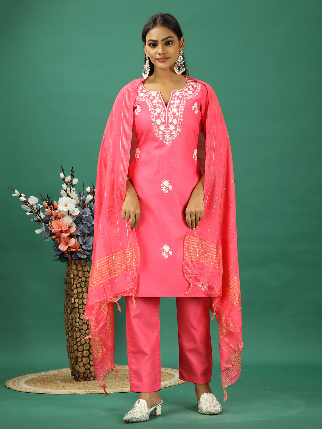 Bollywood Vogue Ready To Wear Pink Rayon Embroidered Straight Pant Suit - Front View