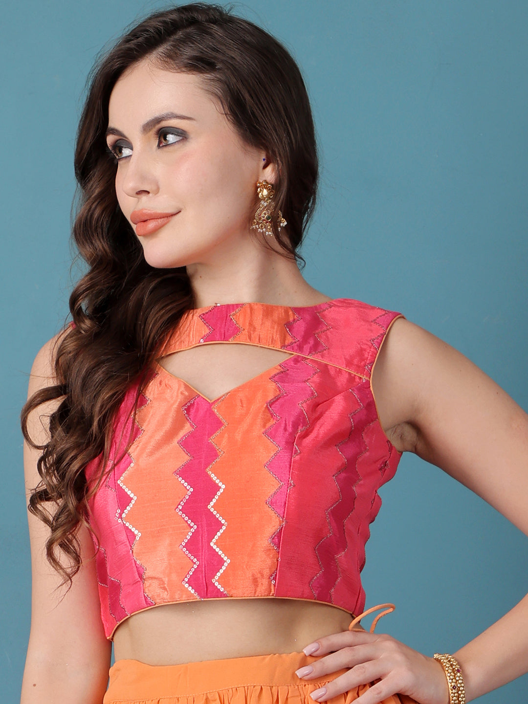 Bollywood Vogue Ready To Wear Pink N Multicolor Chinon Tiered Lehenga - Look Shot