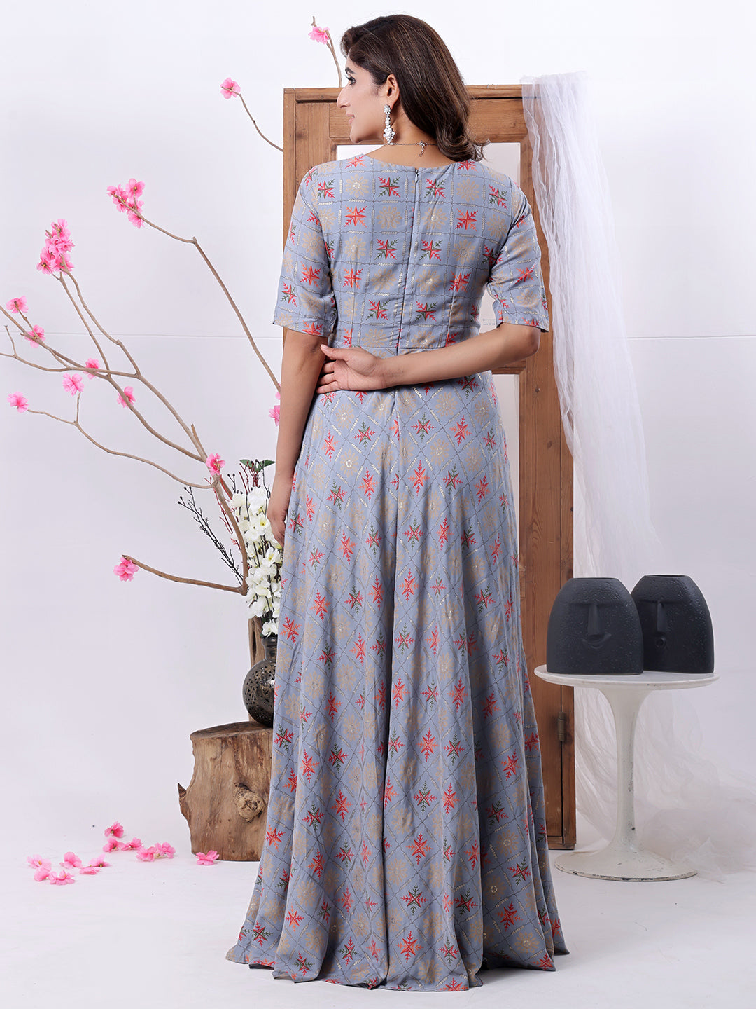Bollywood Vogue Ready To Wear Blue Foil Print Floor Length Gown - Back View