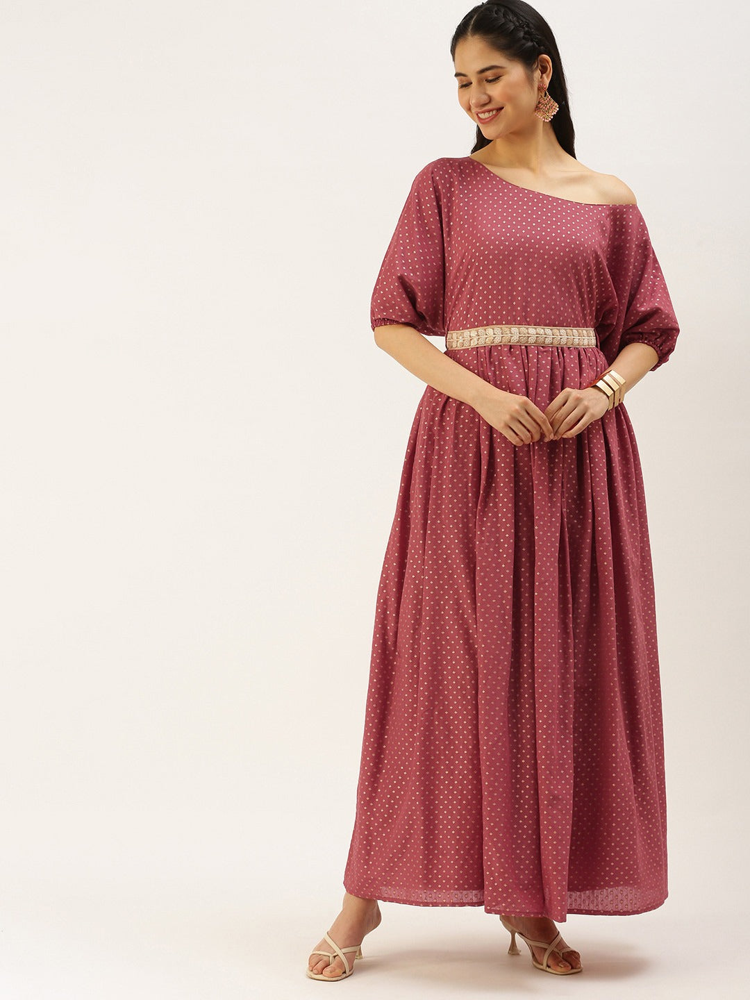 Bollywood Vogue Ready To Wear Maroon Nylon Jacquard Maxi Dress - Front View