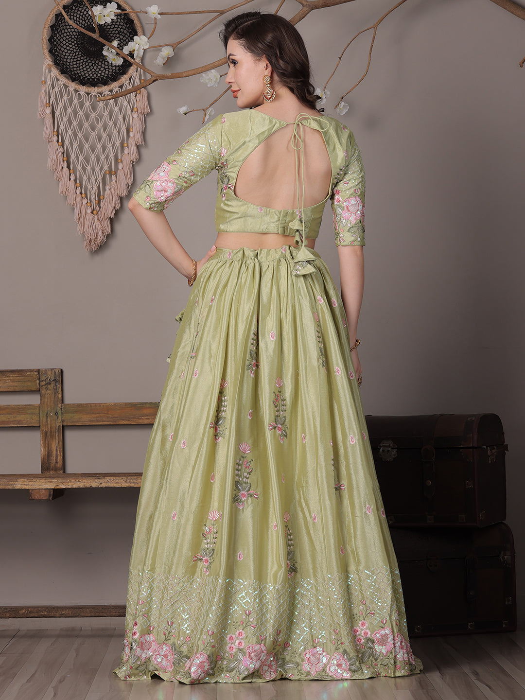Bollywood Vogue Ready To Wear Green Chinon Embroidered Lehenga - Side View
