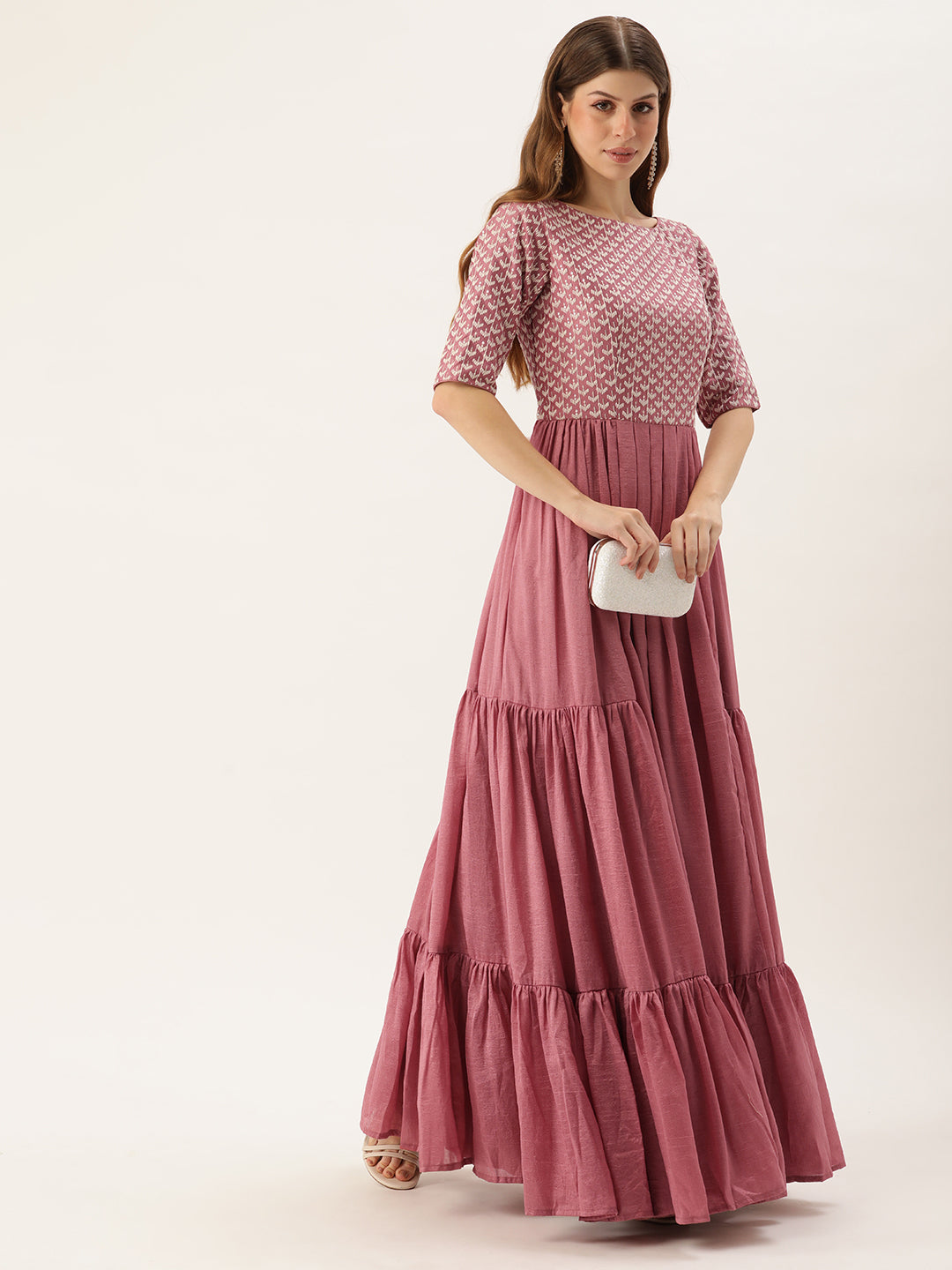 Bollywood Vogue Ready To Wear Mauve Embroidered Art Silk Tiered Gown - Detail View
