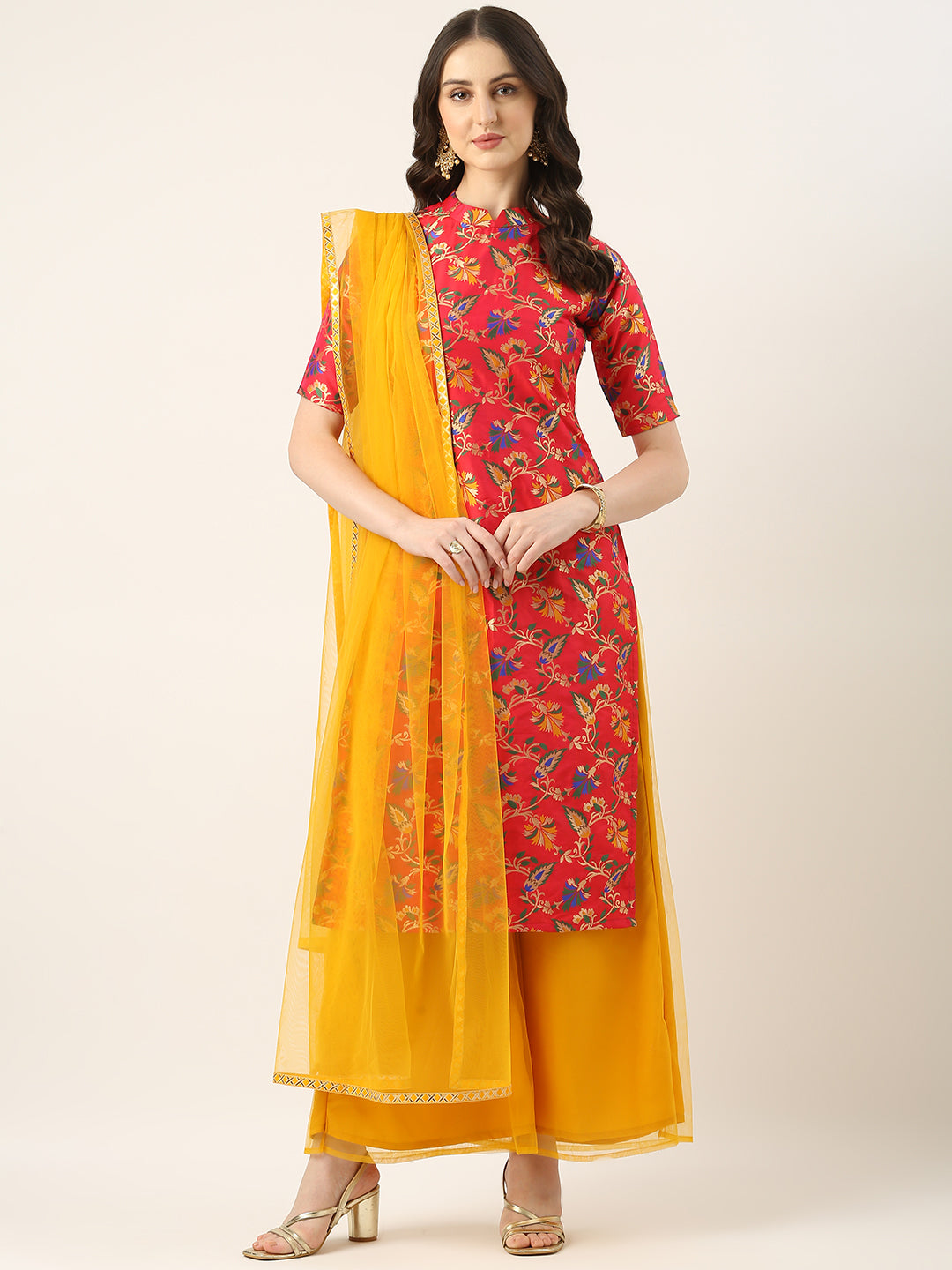 Bollywood Vogue Ready To Wear Magenta Jacquard N Yellow Palazzo Suit - Front View
