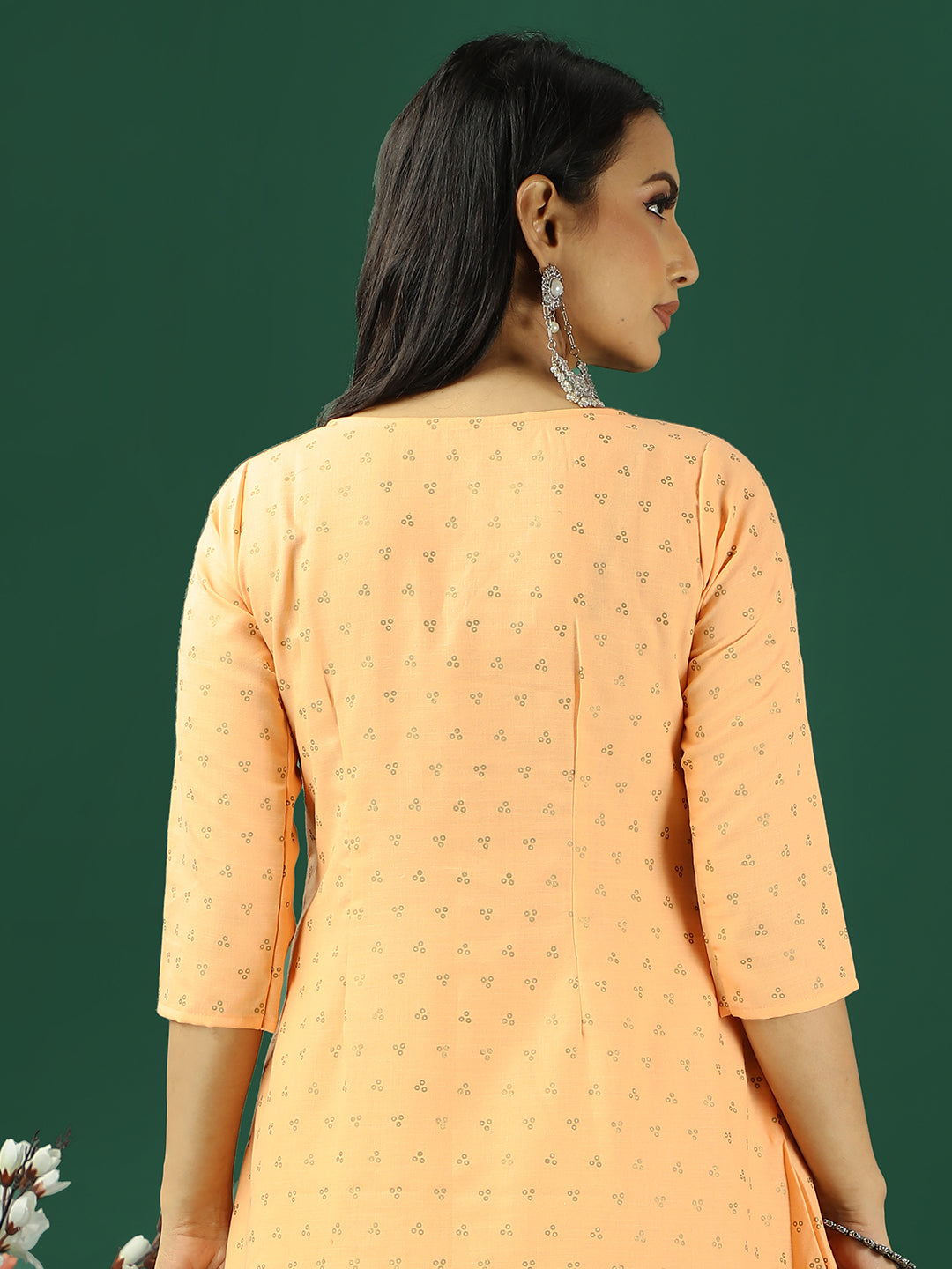 Bollywood Vogue Ready To Wear Peach Foil Printed Box Pleat Style Kurta Set - Detail View
