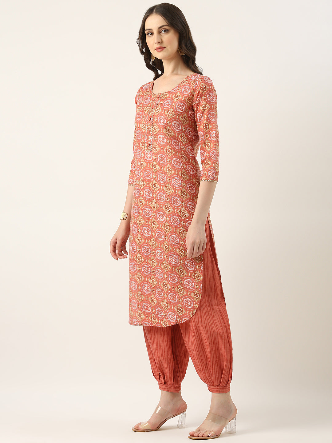 Bollywood Vogue Ready To Wear Pink Semi Cotton Printed Salwar Suit - Side View