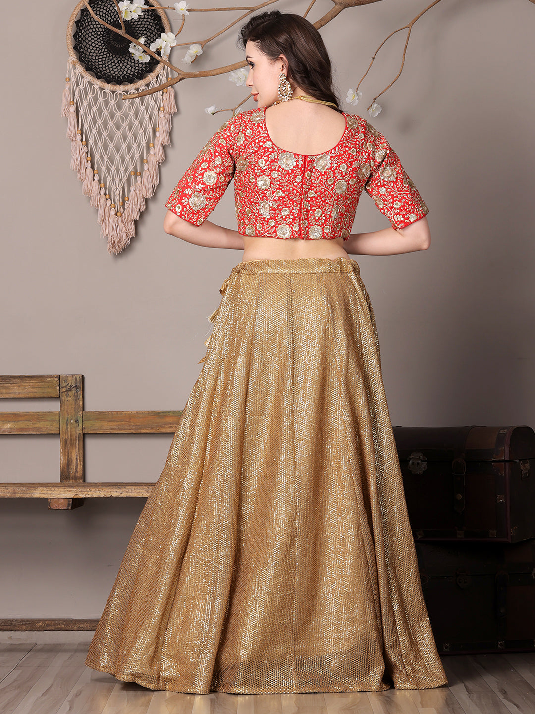 Bollywood Vogue Ready To Wear Red Embroidered N Gold Sequins Lehenga Set - Back View