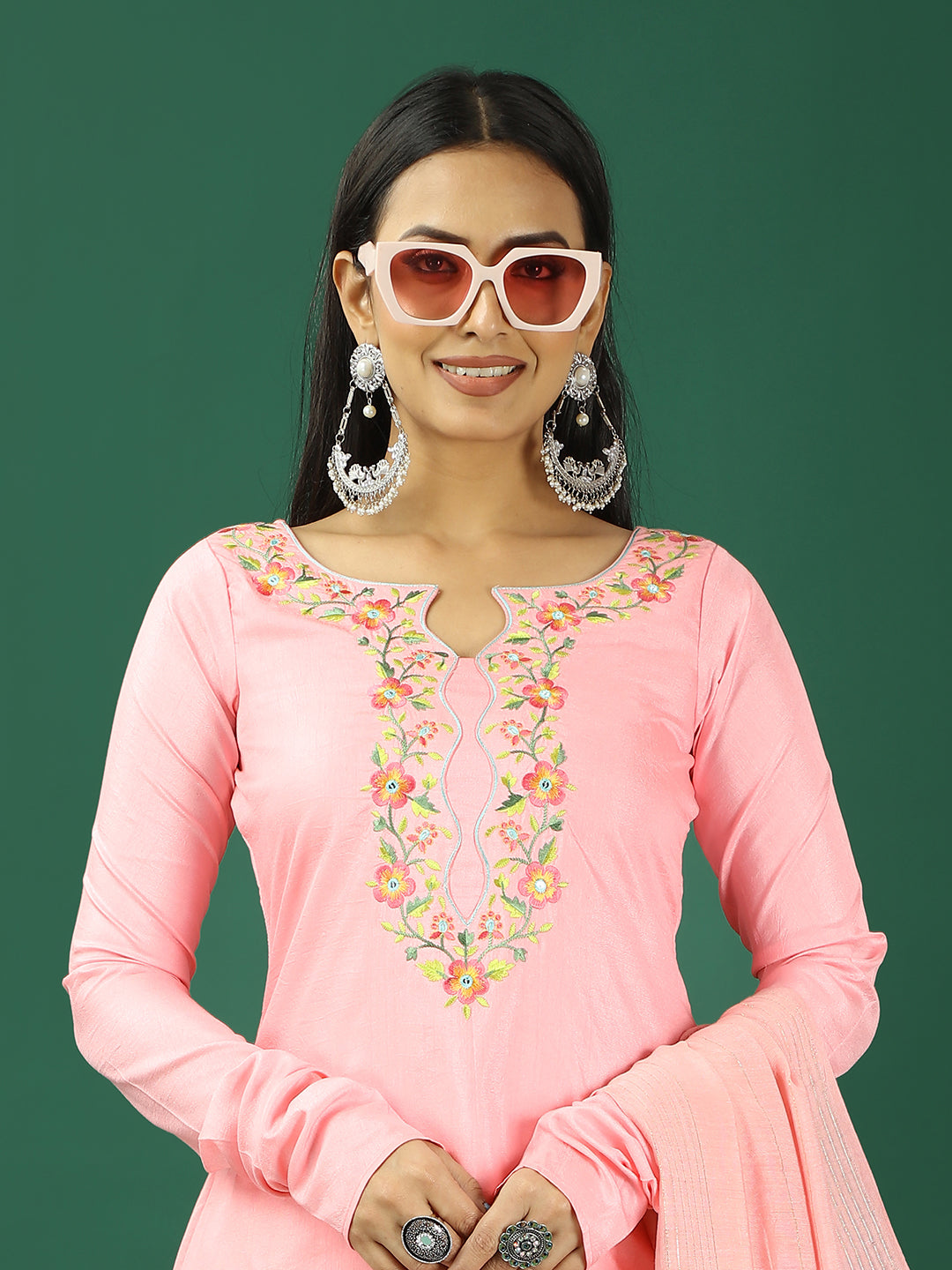 Bollywood Vogue Ready To Wear Pink Art Silk Embroidered Straight Pant Suit - Detail View