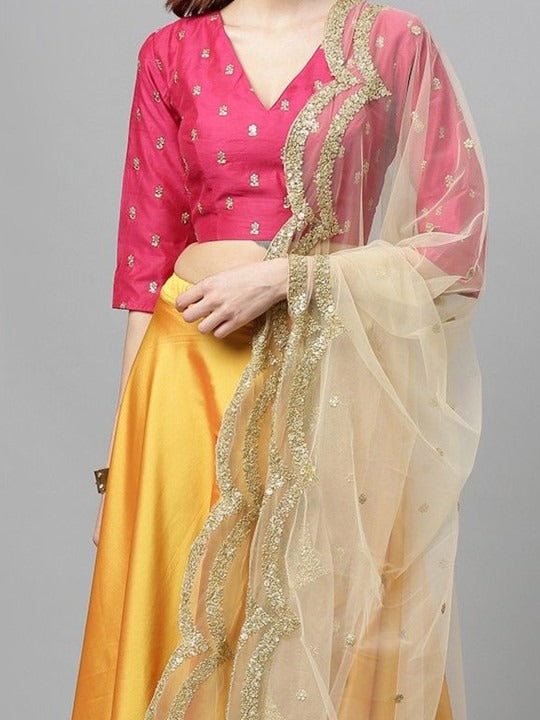 Bollywood Vogue Ready To Wear Yellow N Pink Embroidered Lehenga Set - Side View