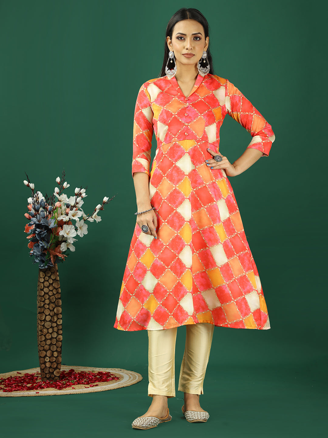 Bollywood Vogue Ready To Wear Multicolour Cotton Printed Shawl Collar Kurta Set - Front View
