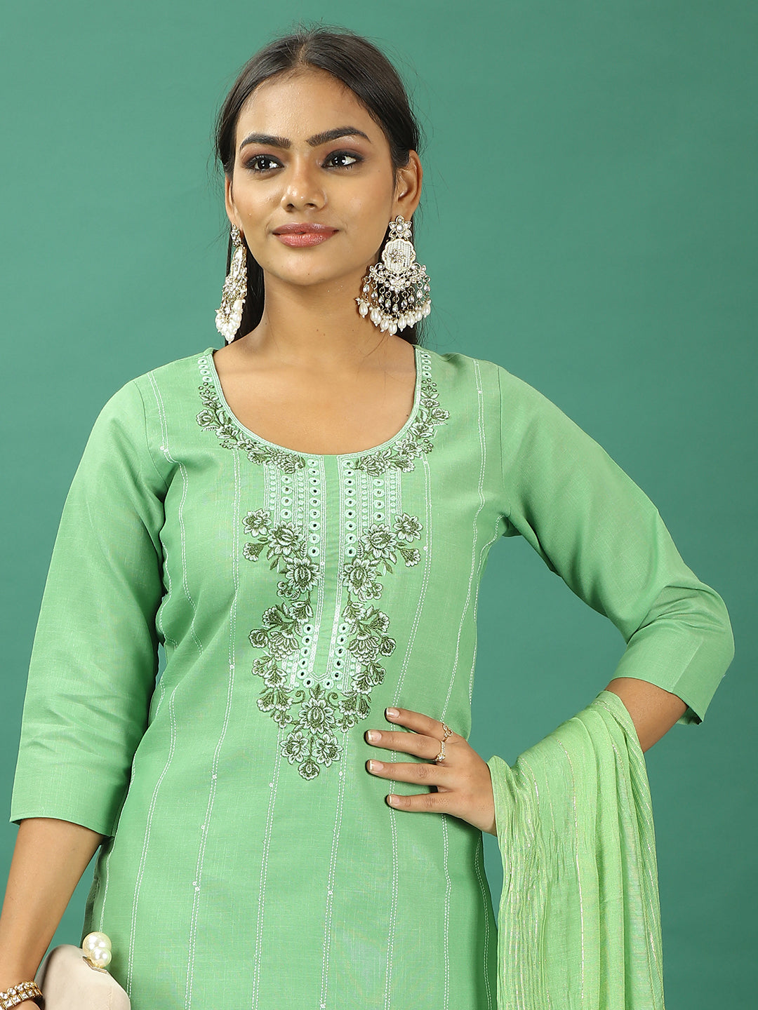 Bollywood Vogue Ready To Wear Green Rayon Embroidered Straight Pant Suit - Detail View