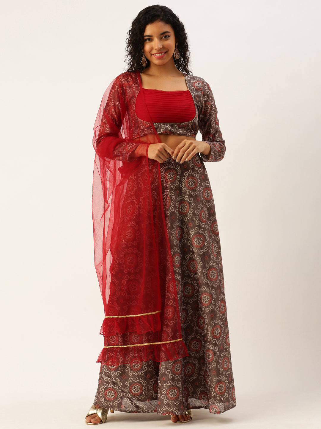 Bollywood Vogue Ready To Wear Grey Digital Print Art Silk Lehenga Set - Front View