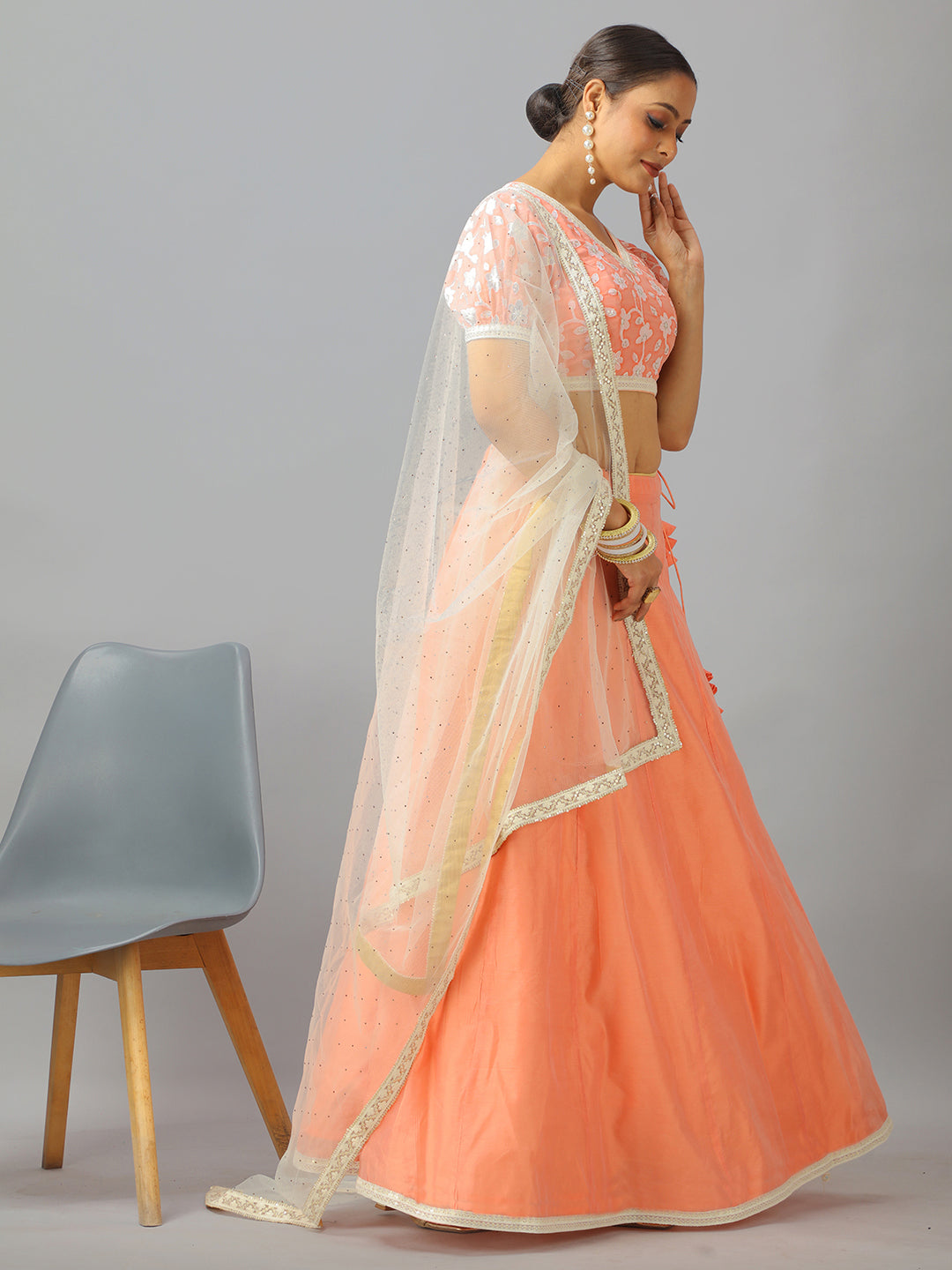 Bollywood Vogue Ready To Wear Peach Embroidered Georgette N Art Silk Lehenga Set - Side View