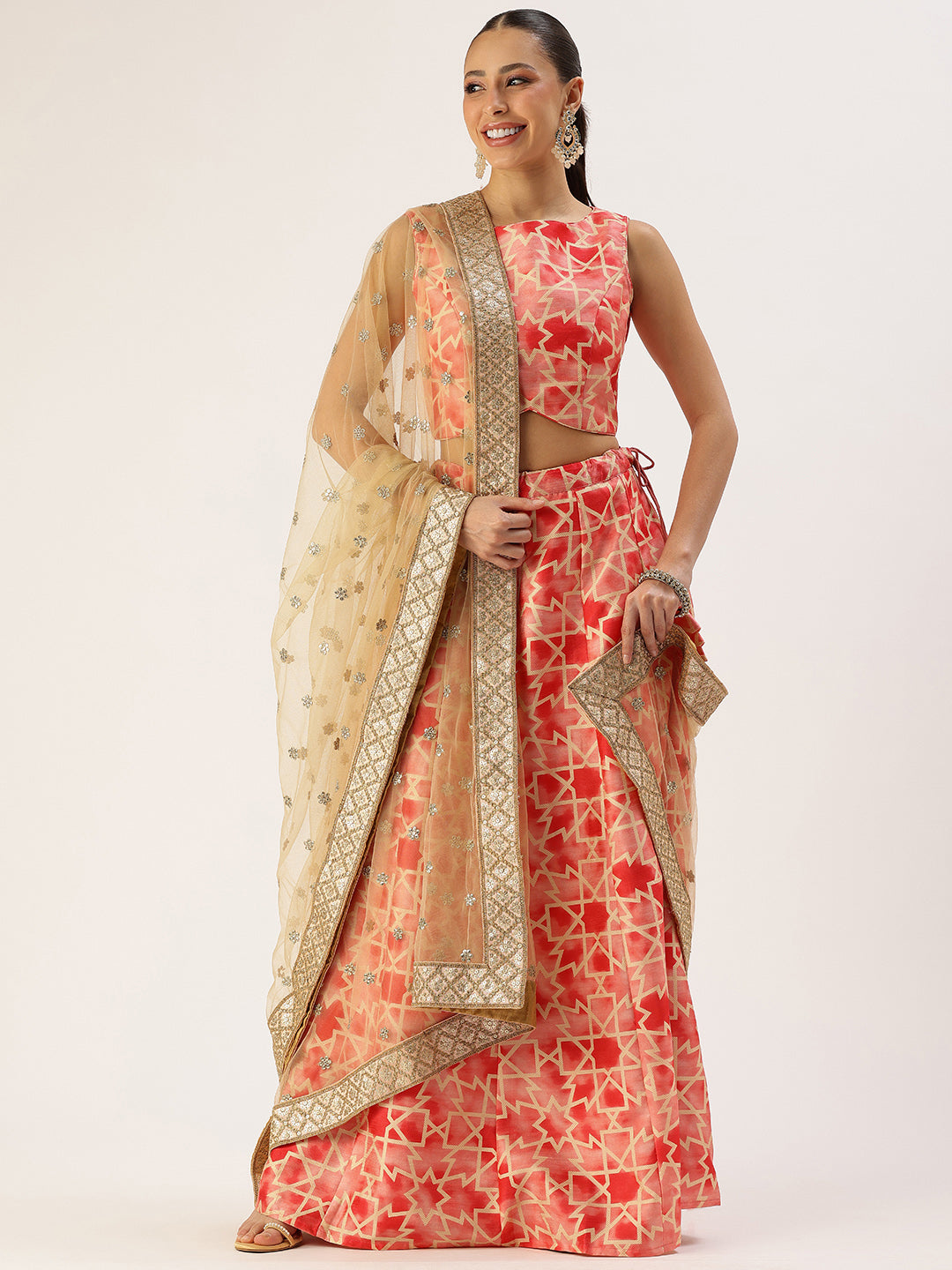 Bollywood Vogue Ready To Wear Red Cotton Printed Kali Style Lehenga Set - Front View