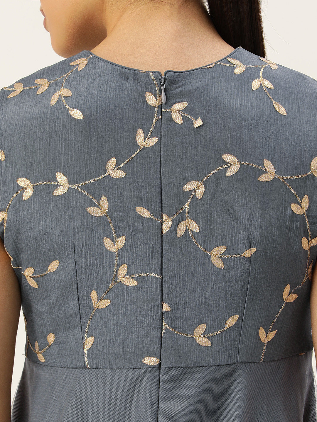 Bollywood Vogue Ready To Wear Grey Embroidered Chinon N Net Gown - Detail View