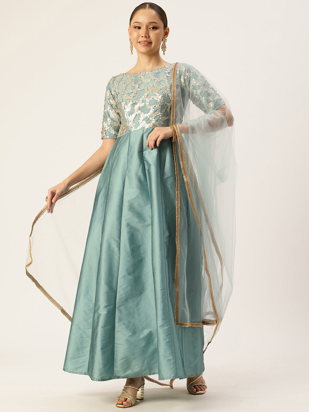Bollywood Vogue Ready To Wear Blue Embroidered Net Anarkali Suit - Front View