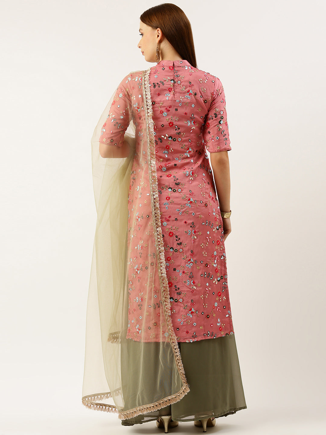 Bollywood Vogue Ready To Wear Rouge Pink Embroidered Collar Neck Palazzo Suit - Look Shot