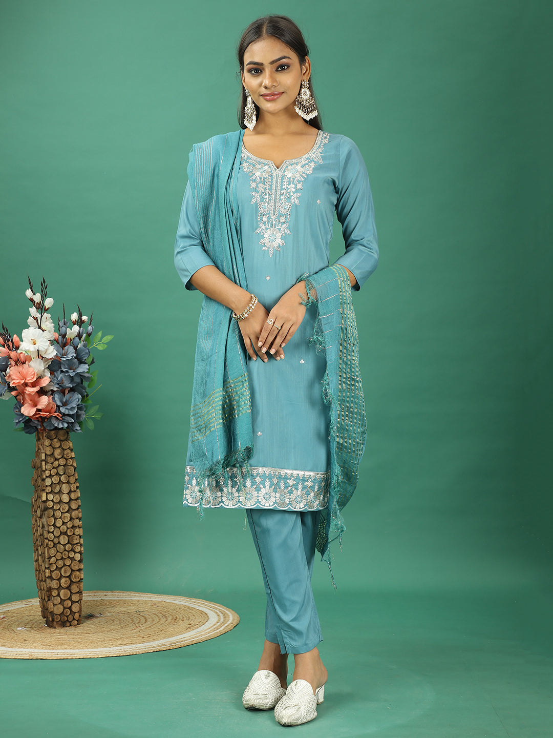 Bollywood Vogue Ready To Wear Turquoise Blue Silk Narrow Straight Pant Suit - Front View