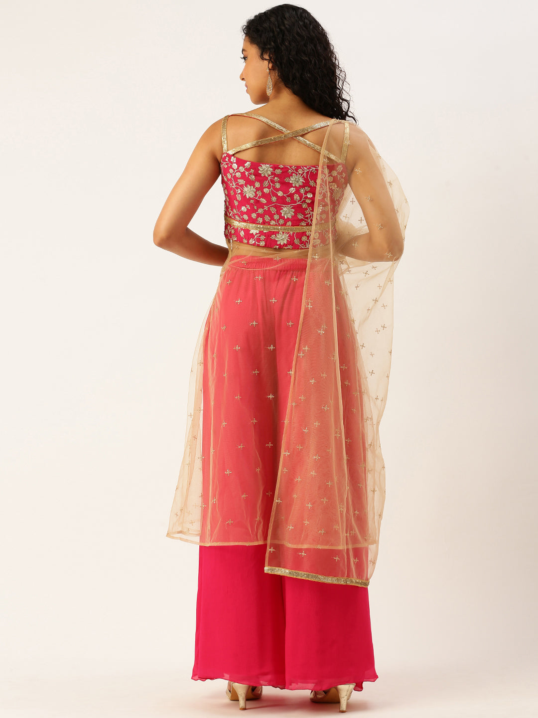 Bollywood Vogue Ready To Wear Pink Embroidered Chinon Palazzo Suit Set - Back View