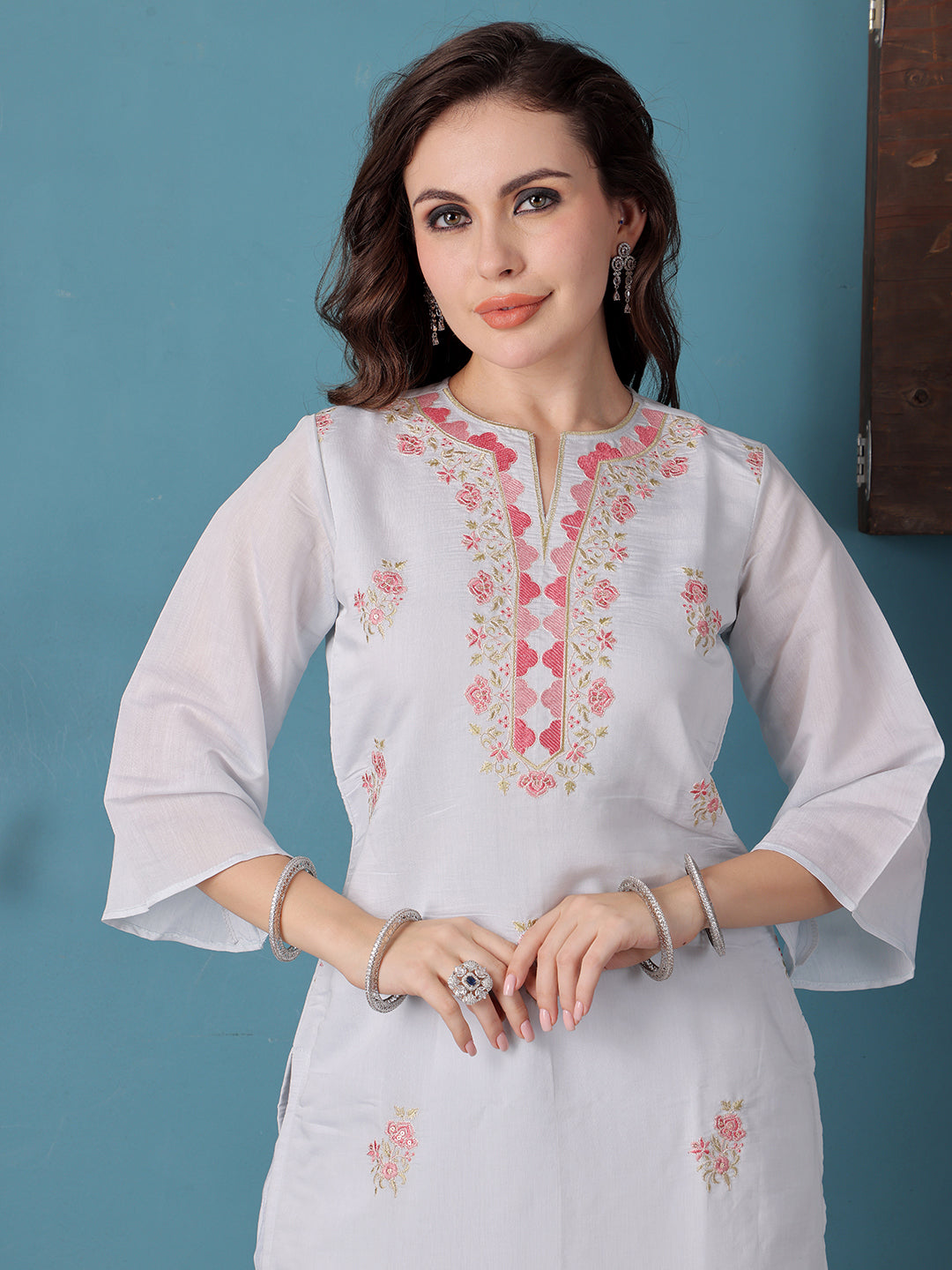 Bollywood Vogue Ready To Wear Pastel Blue Embroidered Straight Pant Suit - Detail View