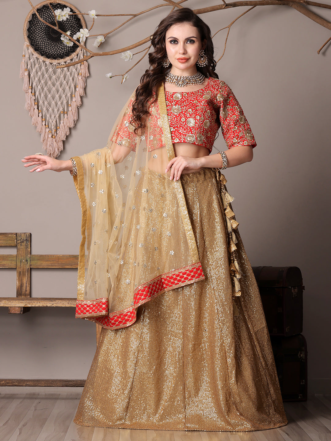 Bollywood Vogue Ready To Wear Red Embroidered N Gold Sequins Lehenga Set - Front View