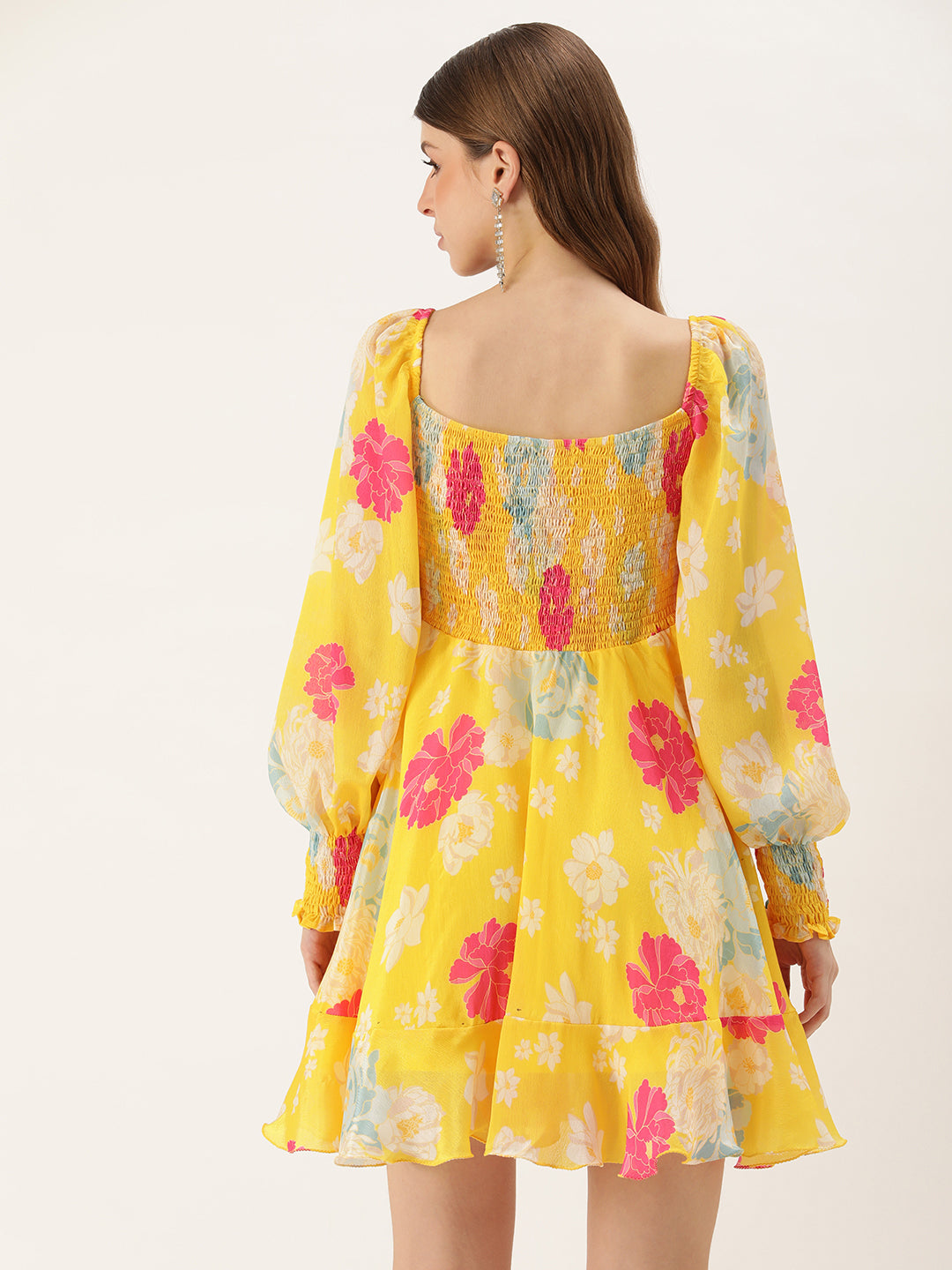 Bollywood Vogue Ready To Wear Yellow Digital Printed Chinon Smocking Dress - Back View