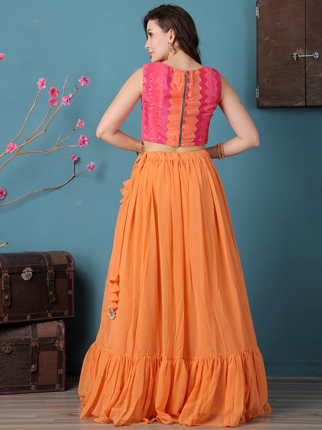 Bollywood Vogue Ready To Wear Pink N Multicolor Chinon Tiered Lehenga - Detail View