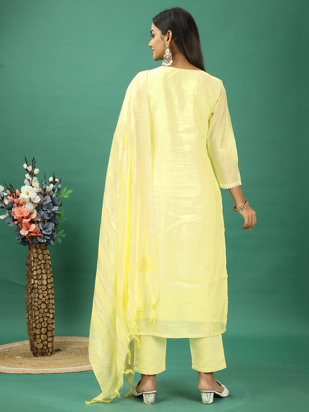 Bollywood Vogue Ready To Wear Yellow Art Silk Straight Pant Suit - Back View