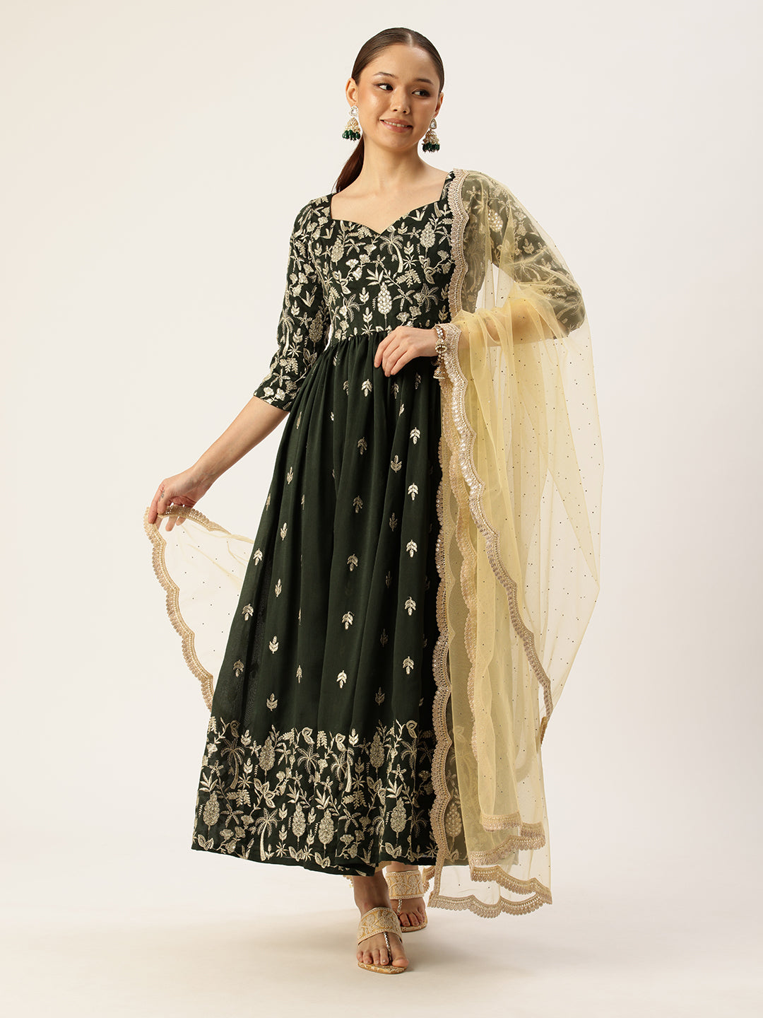 Bollywood Vogue Ready To Wear Green Art Silk Embroidered Anarkali Suit - Front View