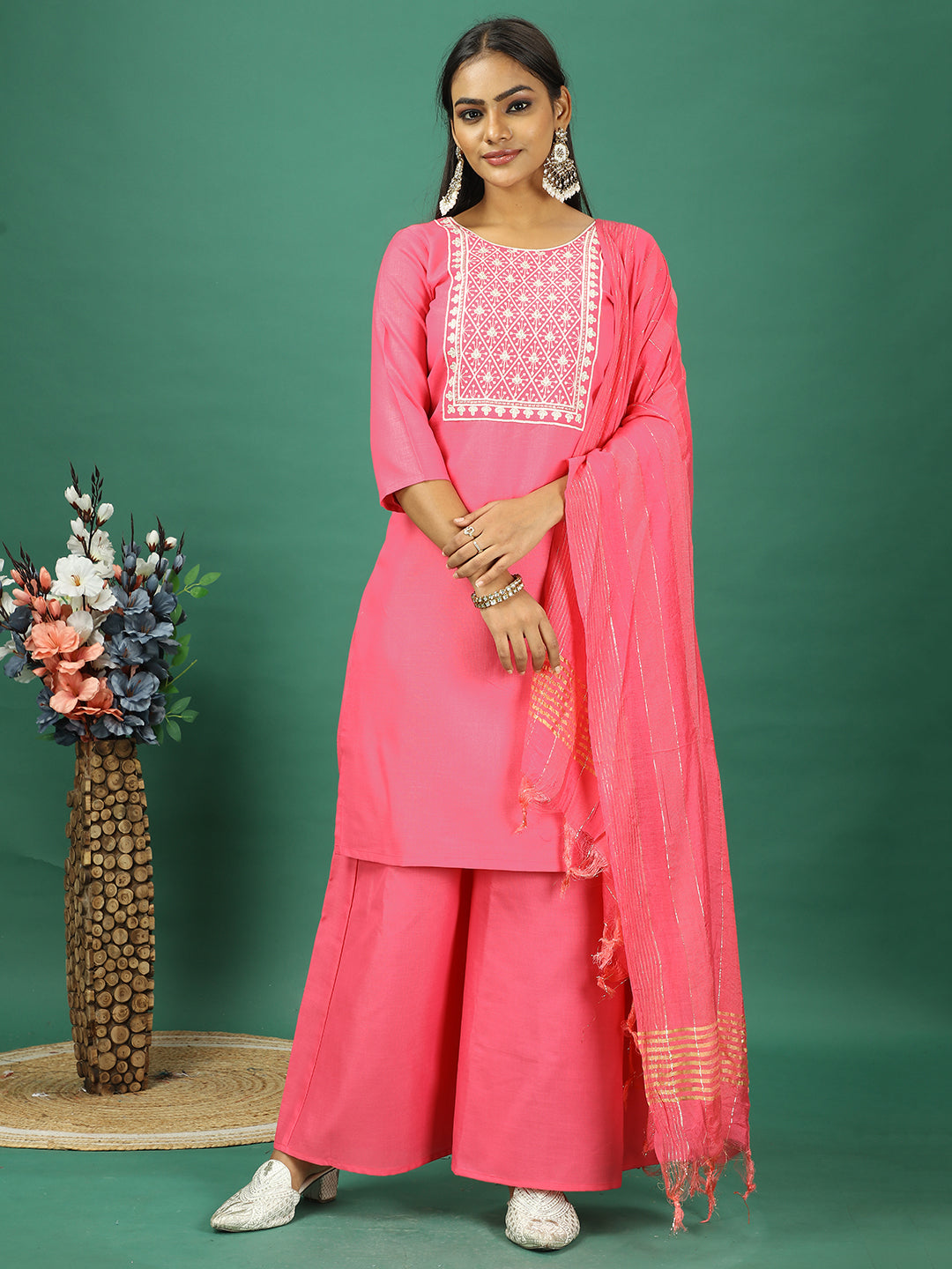 Bollywood Vogue Ready To Wear Peach Rayon Embroidered Palazzo Suit - Front View