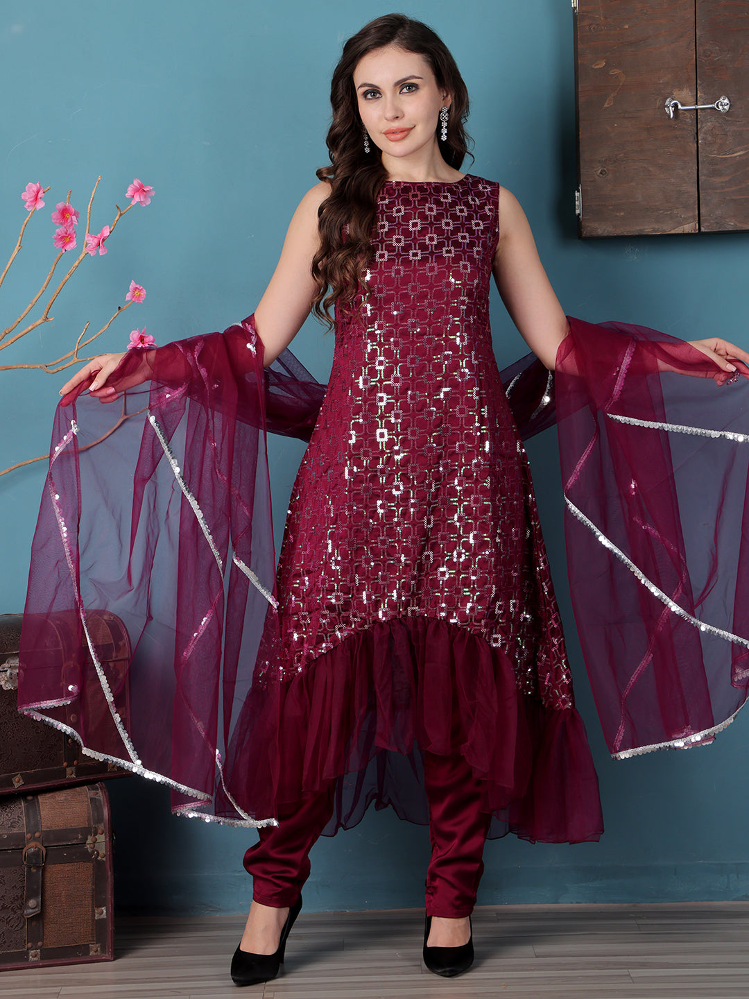 Bollywood Vogue Ready To Wear Wine Georgette Asymmetrical Straight Pant Suit - Front View