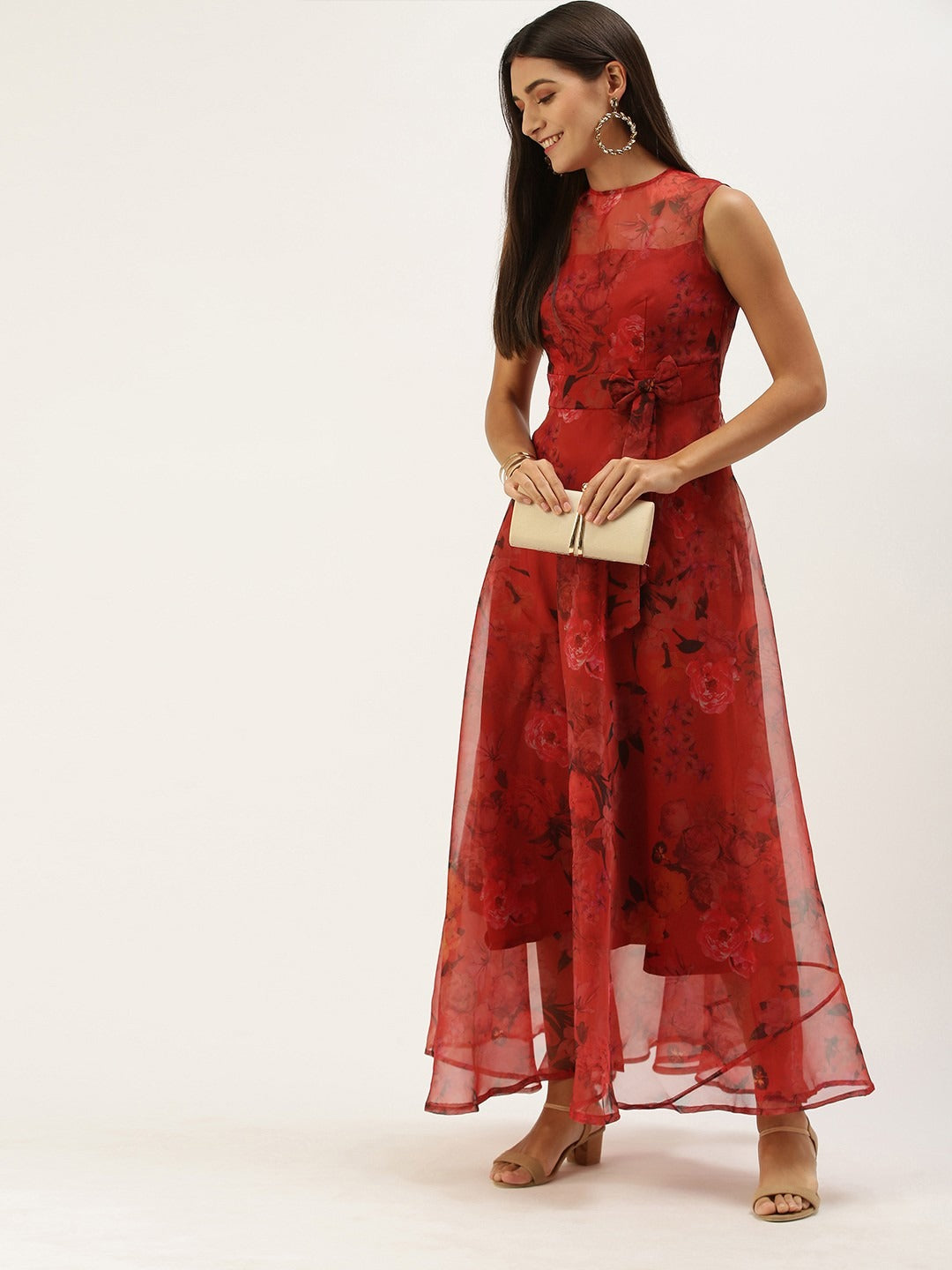 Bollywood Vogue Ready To Wear Red Organza Digital Printed Dress - Side View