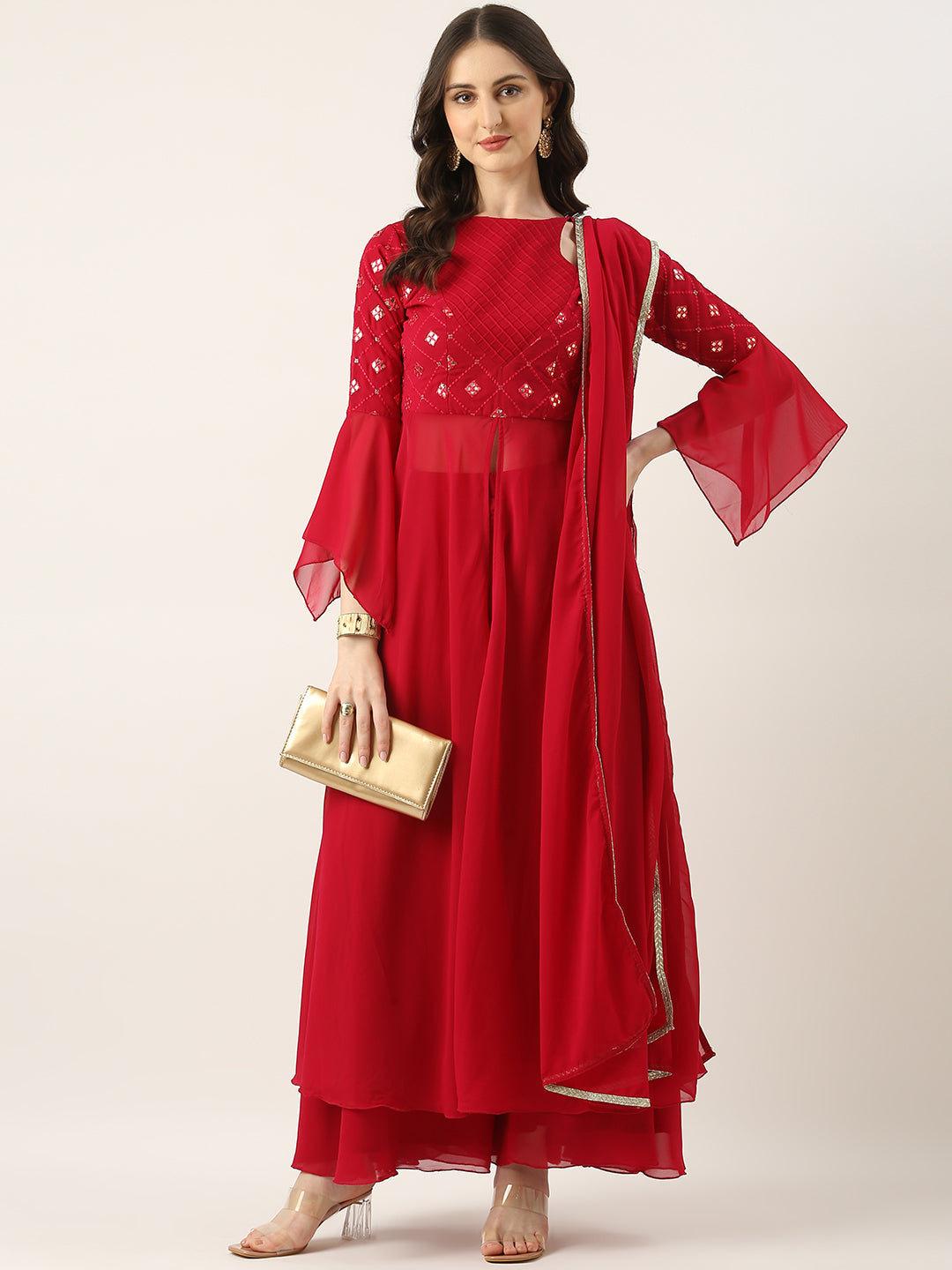 Bollywood Vogue Ready To Wear Rani Pink Georgette Embroidered Anarkali Suit - Additional View 1