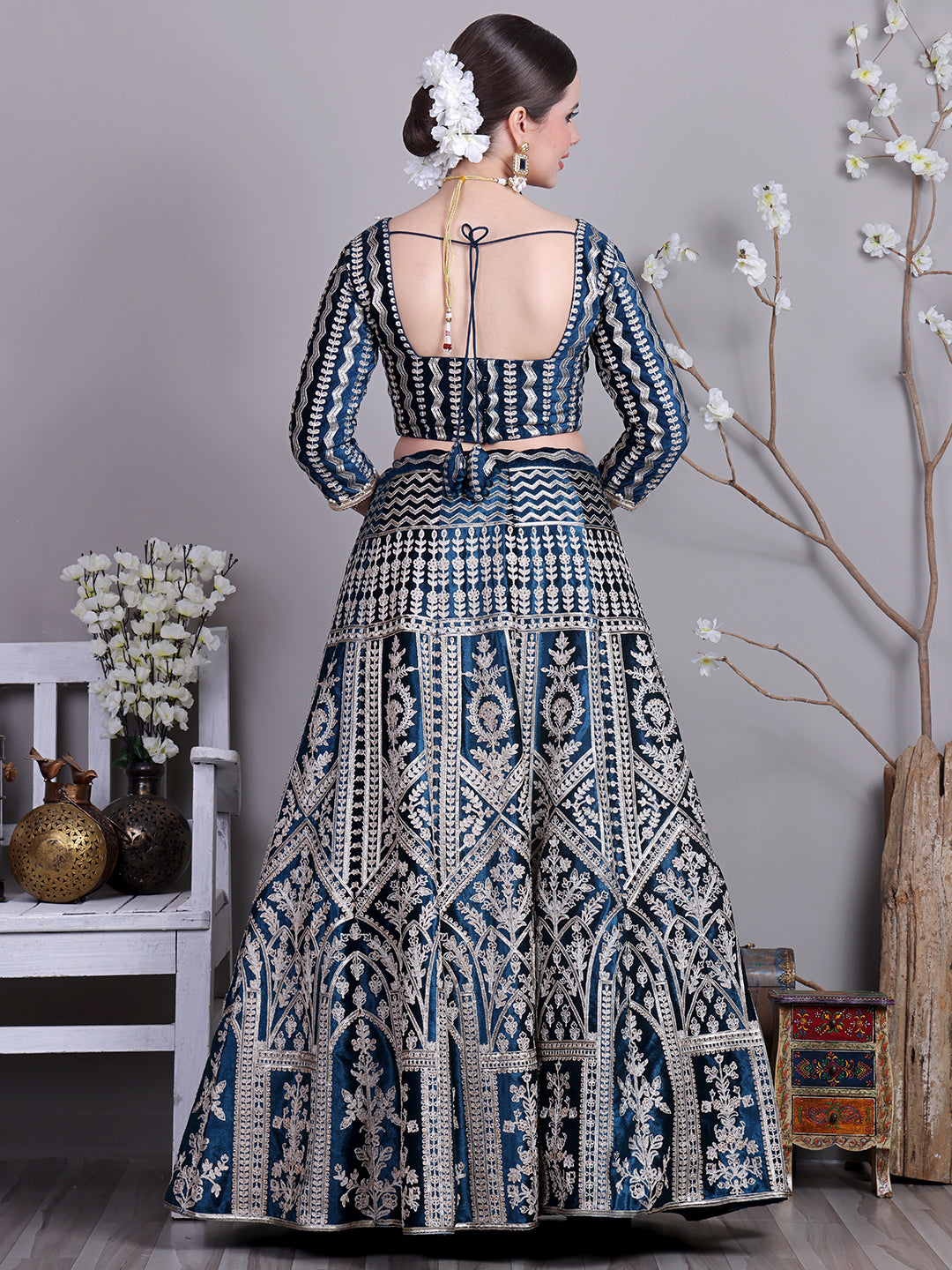 Bollywood Vogue Ready To Wear Classic Blouse With Teal Blue Velvet Lehenga - Detail View