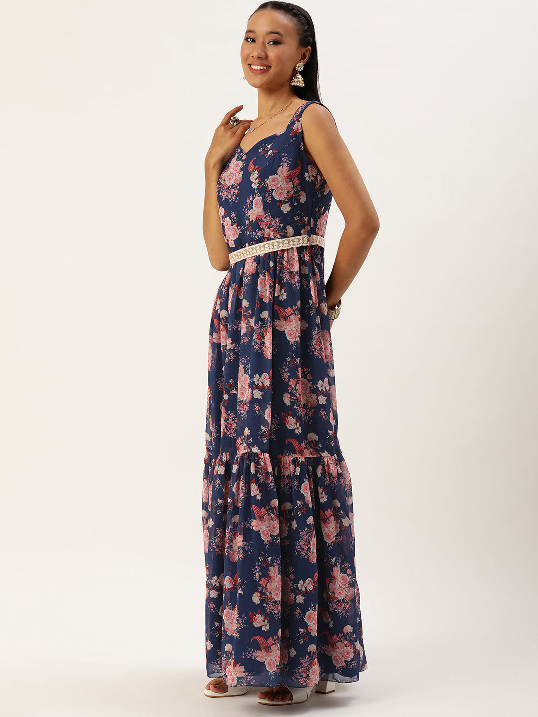 Bollywood Vogue Ready To Wear Blue Georgette Digital Printed Tiered Dress - Side View