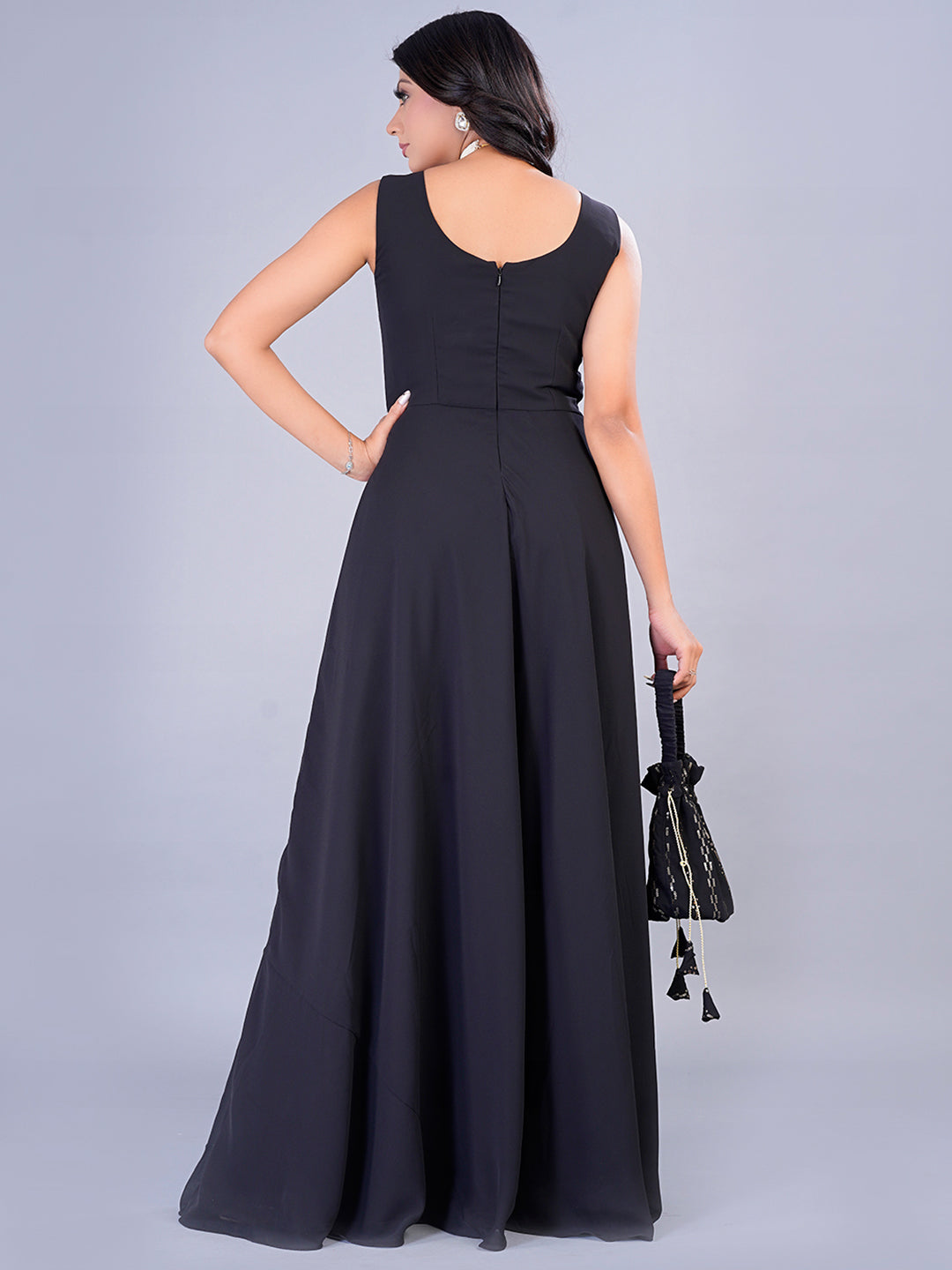 Bollywood Vogue Ready To Wear Embroidered Black Georgette Jacket Gown - Detail View