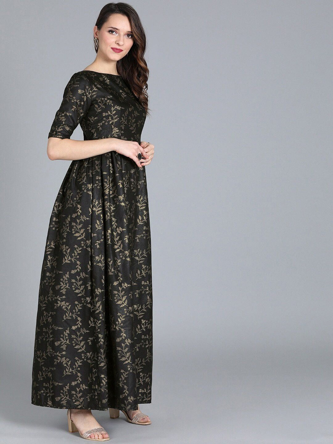 Bollywood Vogue Ready To Wear Black Printed Rayon Boat Neck Gown - Look Shot