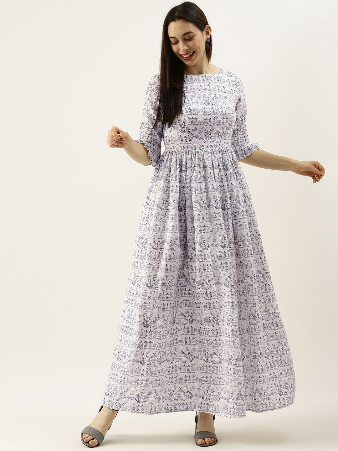 Bollywood Vogue Ready To Wear White Rayon Printed Gathered Maxi Dress - Side View