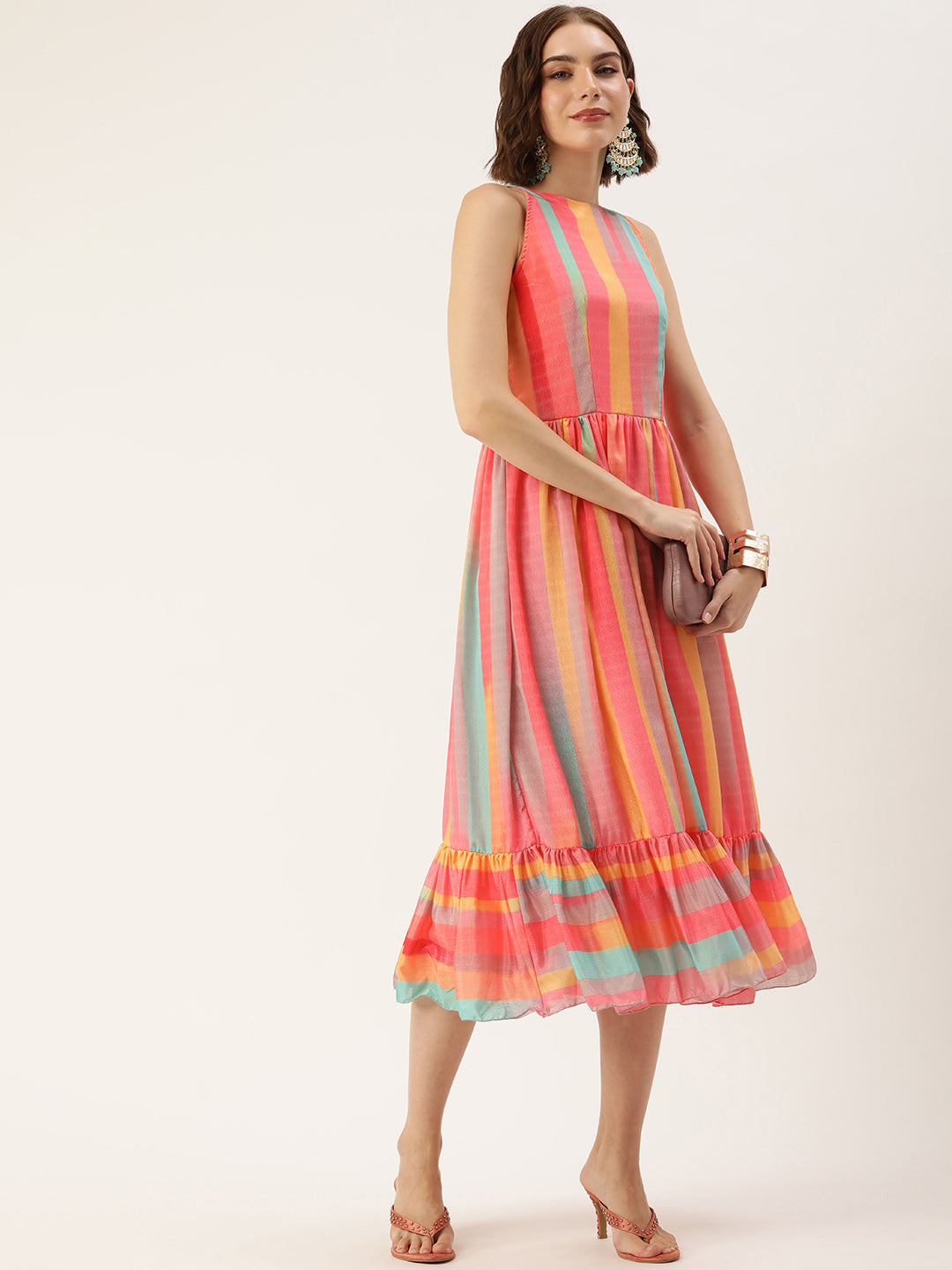 Bollywood Vogue Ready To Wear Multicolor Print Chinon Dress - Detail View