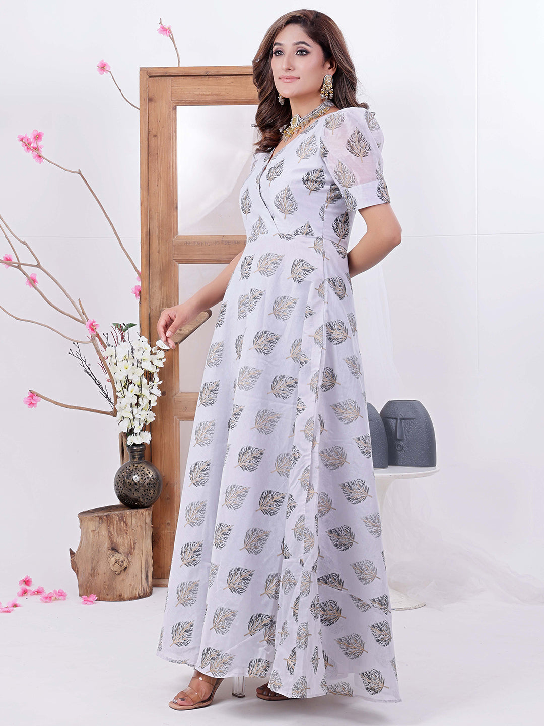 Bollywood Vogue Ready To Wear Lilac Hint Chanderi Silk Maxi Dress - Side View