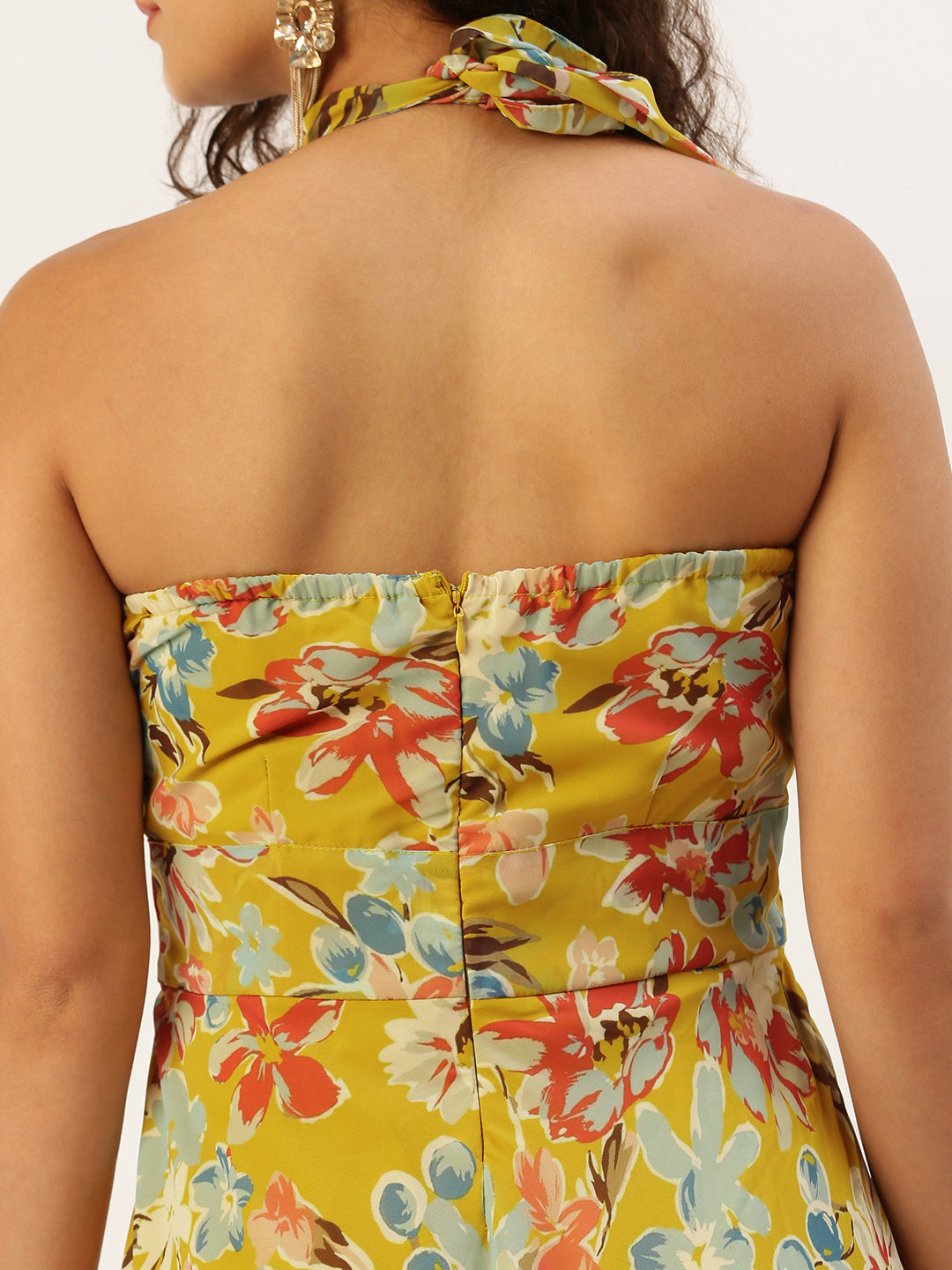 Bollywood Vogue Ready To Wear Yellow Printed Halter Neck Georgette - Back View