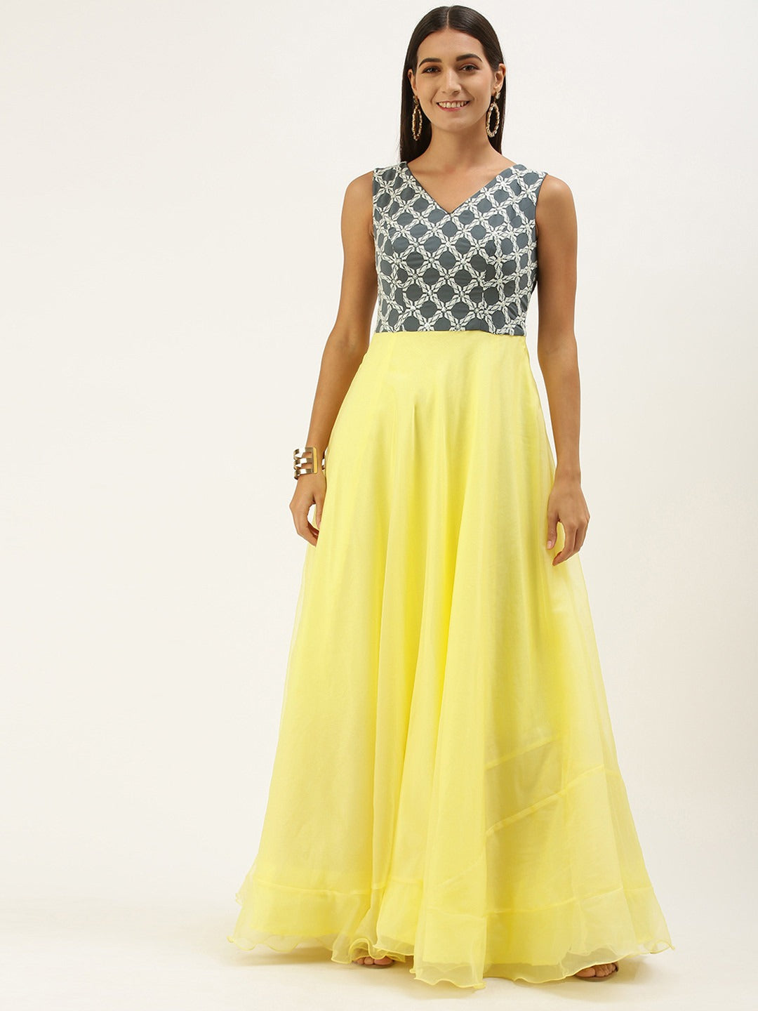 Bollywood Vogue Ready To Wear Grey N Yellow Embroidered Floor Length Gown - Side View