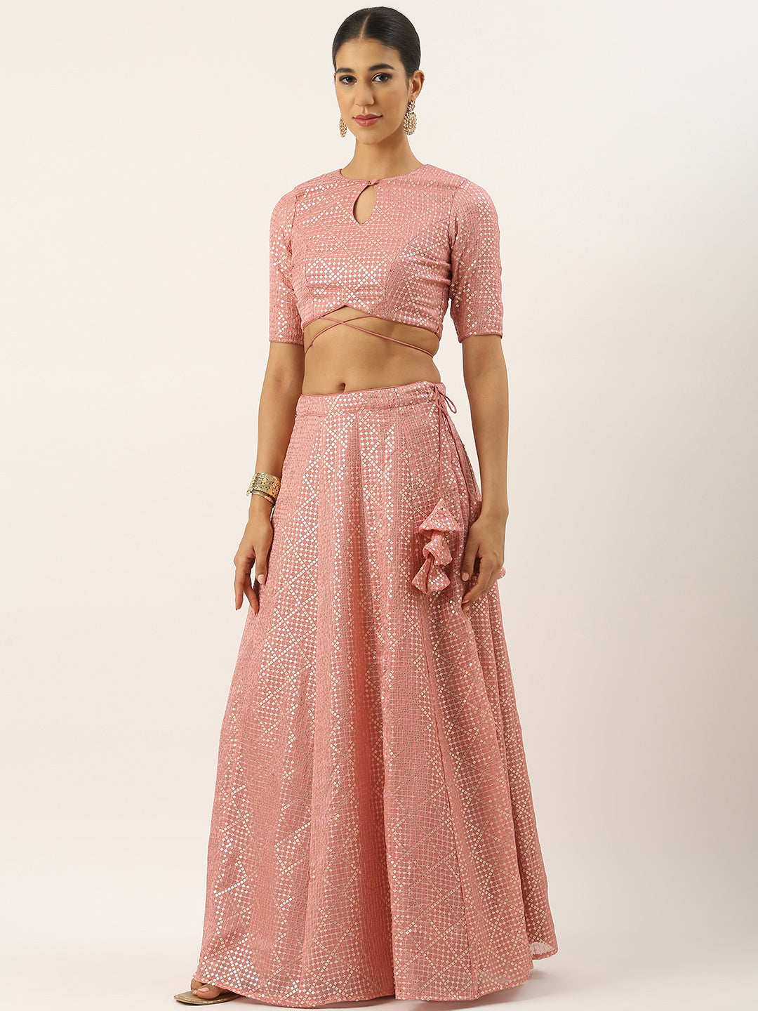 Bollywood Vogue Ready To Wear Pink Organza Embroidered Kali Lehenga - Back View