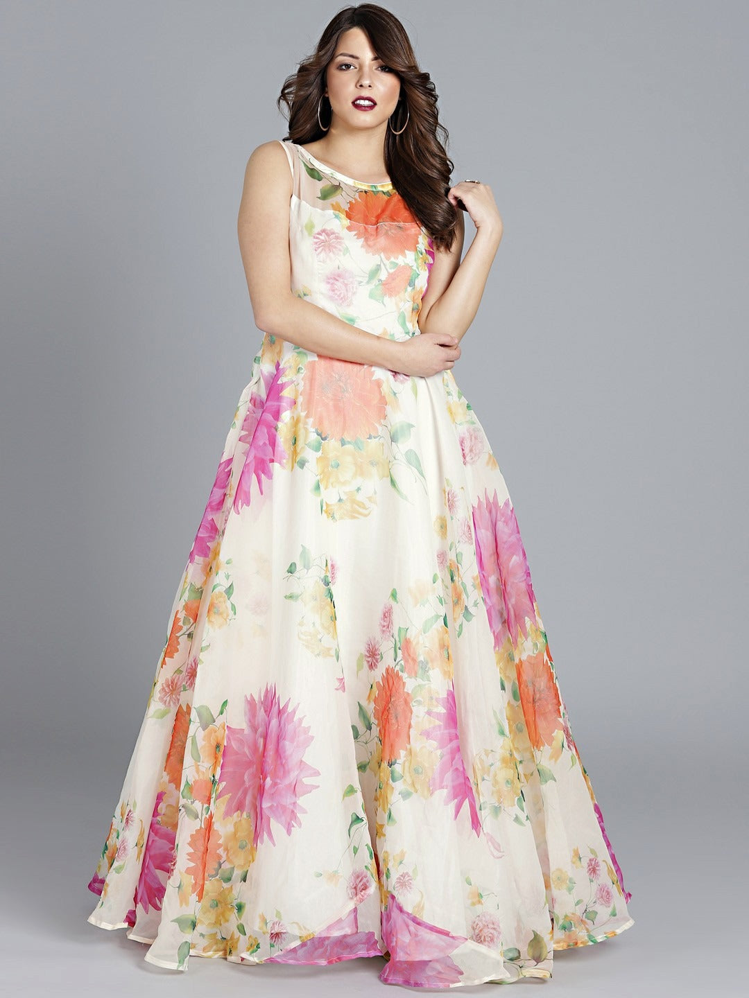 Bollywood Vogue Ready To Wear White Boat Neck Organza Gown - Front View
