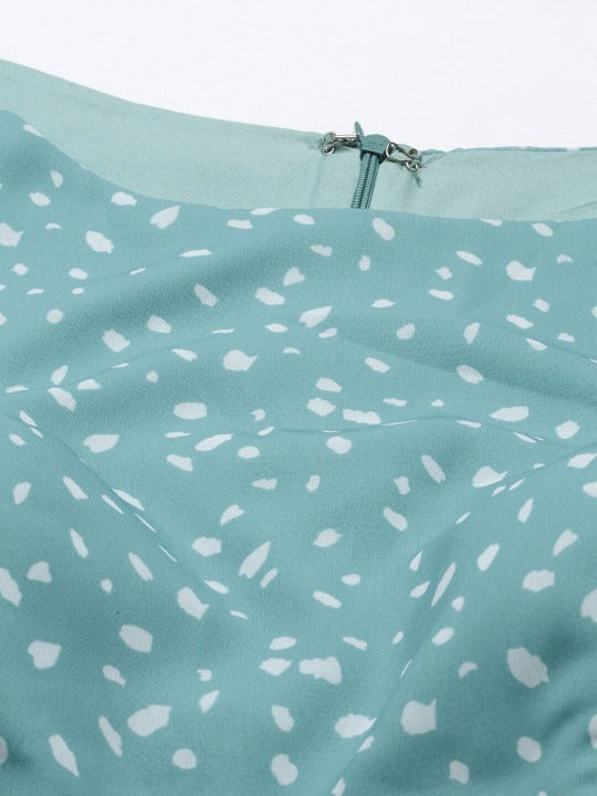 Bollywood Vogue Ready To Wear Blue N White Digital Printed Georgette Tiered Dress - Detail View