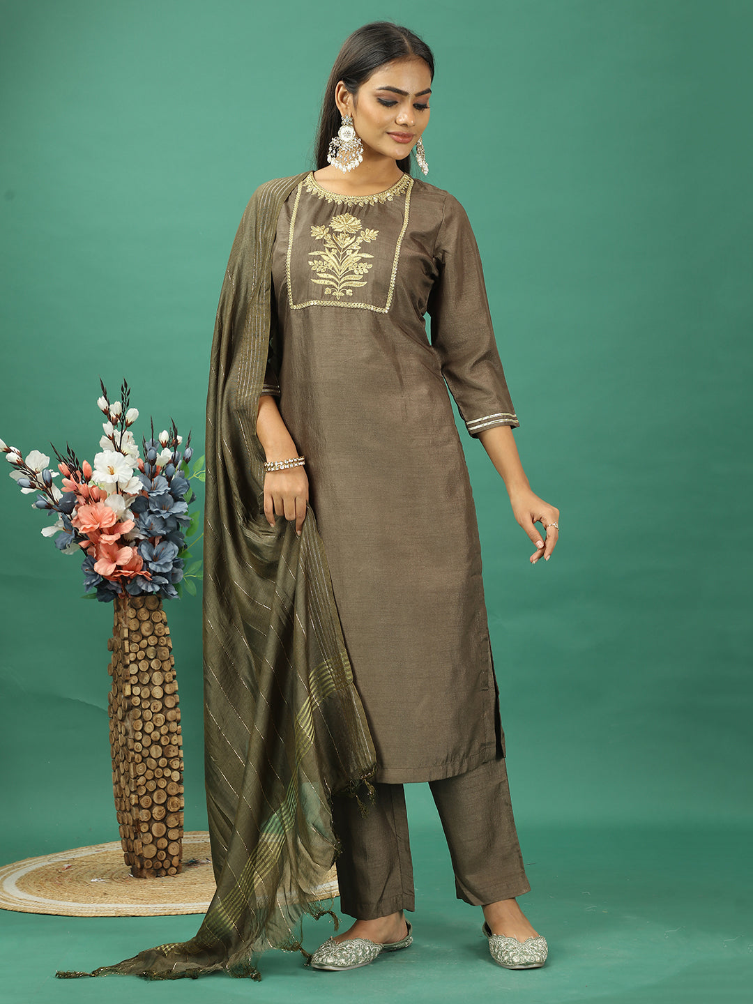 Bollywood Vogue Ready To Wear Green Art Silk Straight Pant Suit - Additional View 2