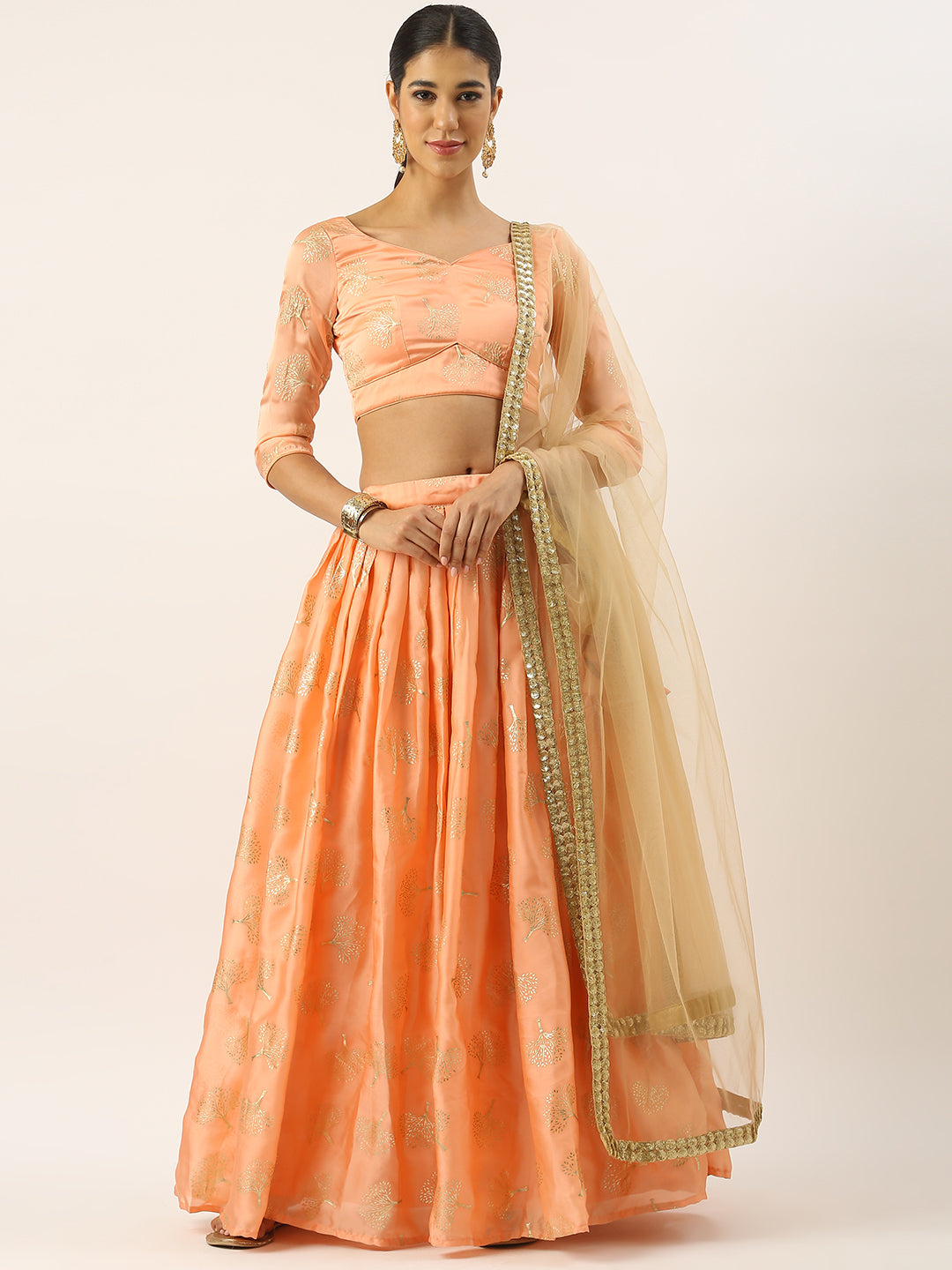 Bollywood Vogue Ready To Wear Peach Foil Printed Georgette Lehenga Set - Front View