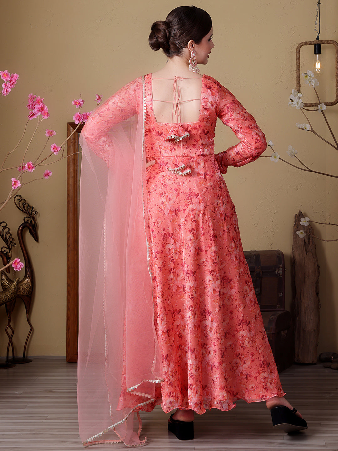 Bollywood Vogue Ready To Wear Peach Organza Satin Printed Anarkali Suit - Back View