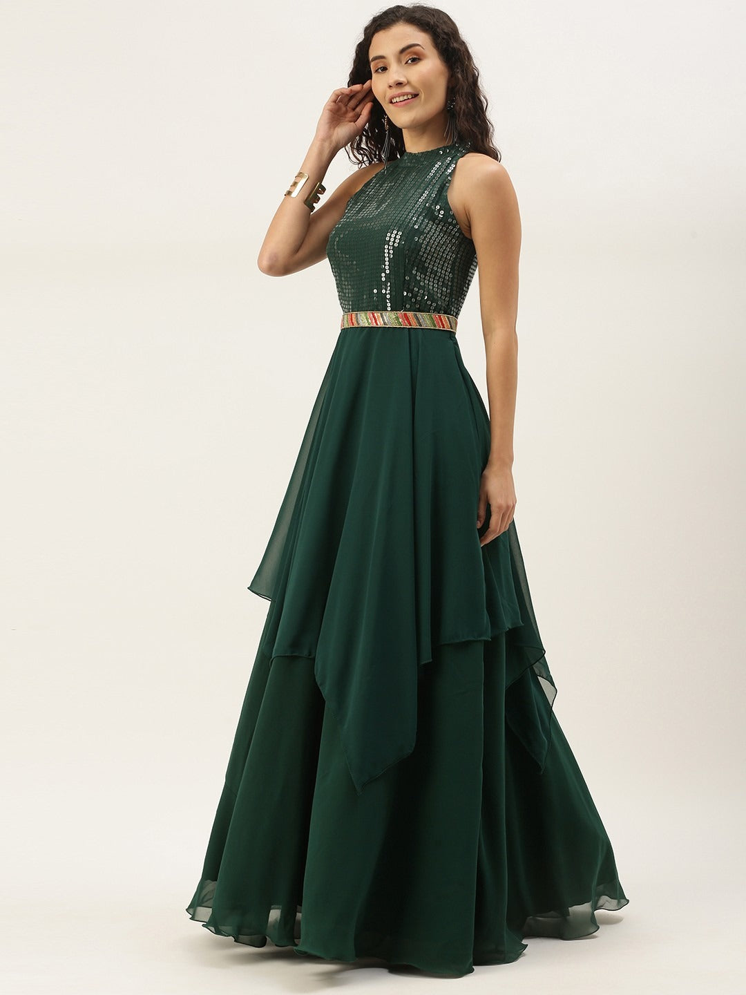 Bollywood Vogue Ready To Wear Green Sequins Handkerchief Gown - Detail View