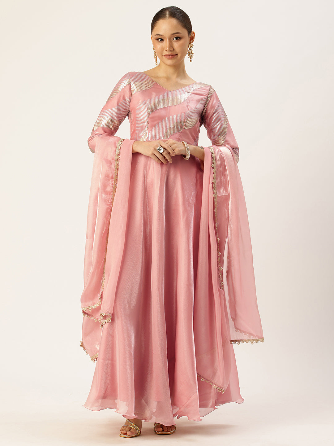 Bollywood Vogue Ready To Wear Peach Organza Satin Embroidered Anarkali Suit - Front View